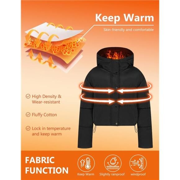 Womens Cropped Puffer Jacket Hooded Zip Up Black - Picture 2 of 6